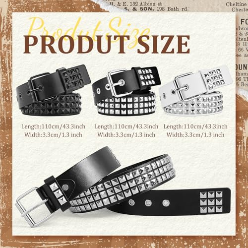 3 Pcs White Black Studded Belt, Y2K Belt Goth Emo Punk Rock with Grommet Bright Metal Pyramid for Women Men2