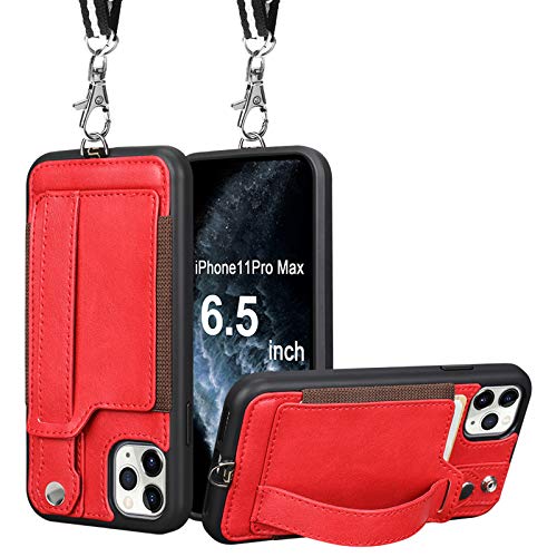 TOOVREN Phone Cover for iPhone 11 Pro Max Wallet Case with Card Holder PU Leather Kickstand Fits iPhone 11 Pro Max Case with Strap Stand Adjustable Detachable Lanyard 6.5 Inch 2019 Red