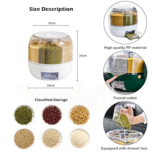 Image of Yindella Big Rice Storage Container Cereal Dispenser for Kitchen Multi 6 Compartment Spice Grain Organizer Bucket Insect & Moisture Proof Sealed Rice Storage Box Rice Jar (Green) (White)