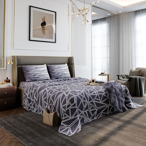 Image of Stoa Paris 100% Cotton Super King Bedsheet with 2 Pillow Covers for King & Double Beds,180TC Printed Bedding Set, Breathable, All-Season Comfort, Lightweight, Urbanscape - Lavender Matrix (274x274cm)