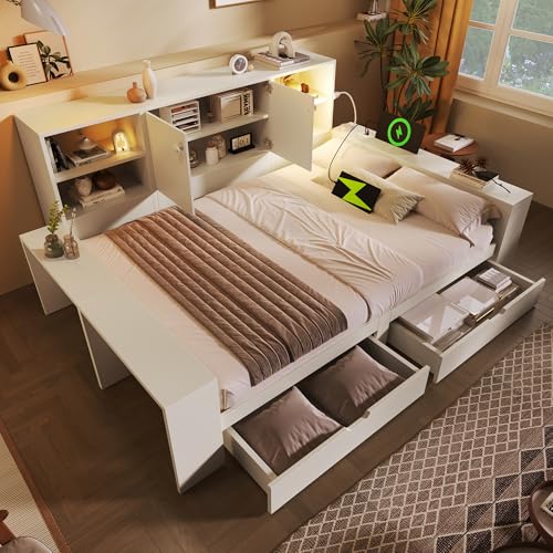 Kebnor Cama individual en color blanco, cama de madera con cama nido, compartimentos de almacenamiento en tres lados y puertos de carga USB/tipo C – Cama juvenil que ahorra espacio con mucho espacio