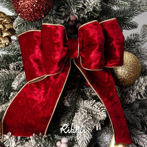 Image of Ribbli Red Velvet Wired Ribbon 4 Inch Metallic Crushed Velvet Christmas Ribbon for Gift Wrapping Christmas Tree Decoration Crafts Wreaths Supplies-Continuous 10 Yards