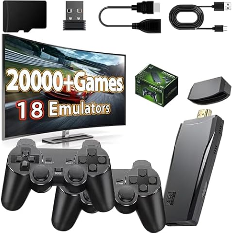 Wireless Retro Game Console Stick, Nostalgia Gaming Stick, Plug & Play TV Video Gaming Stick with 20000+ Games Built-in, 18 Retro Emulators 64G, 4K HDMI Output, 2 2.4G Wireless Controllers Cover