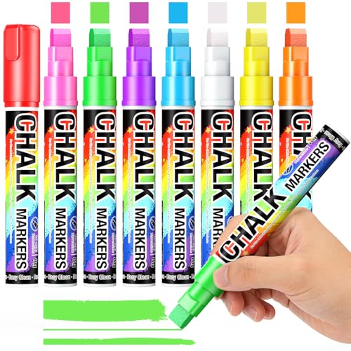 Window Chalk Markers for Cars Glass Washable: 8 Colors Jumbo Liquid Chalk Paint Pens with 10mm...