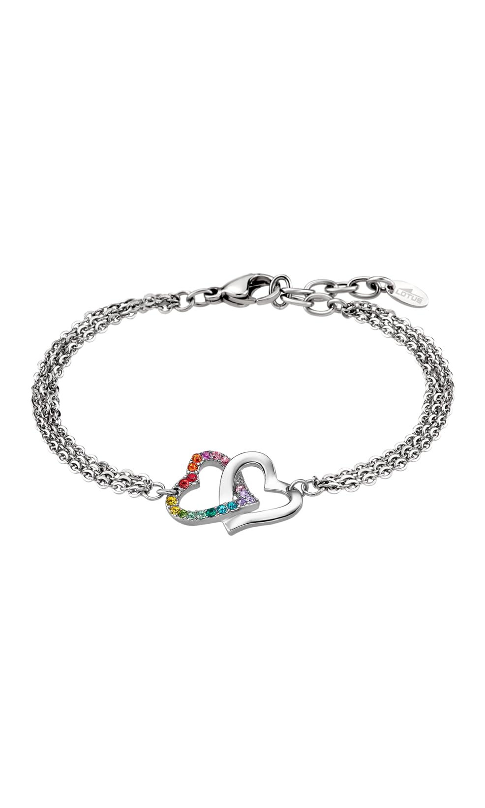 LOTUS Bracciale In Acciaio Con Due Cuori E Pietre Colorate - Lunghezza 18 Cm, Colore Argento, Gioiello Moderno E Simpatico