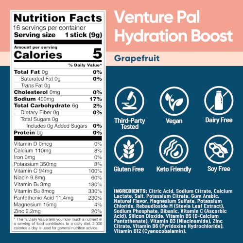 Image of Venture Pal Sugar Free Electrolyte Powder Packets - Liquid Daily IV Hydration Packets for Rapid Rehydration | 7 Electrolytes & 5 Vitamins | Keto Friendly | Non-GMO | Vegan | Fast Dissolve | 16 Sticks