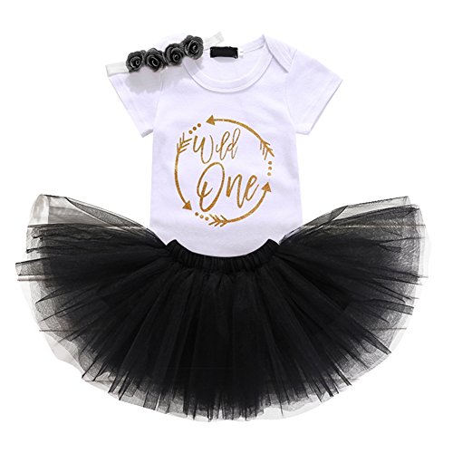 Baby Girls 1st Birthday Cake Smash 3pcs Outfits Set Cotton Romper Bodysuit+Tutu Dress+Flower Headband Princess Skirt Clothes Black Arrow Wild one Outfits One Size