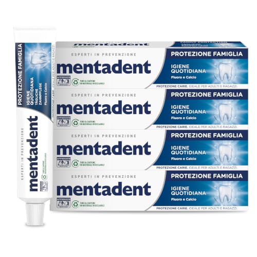 Mentadent Dentifricio Protezione Famiglia Igiene Quotidiana, Fluoro e Calcio, Protegge dalla Carie, Ideale per Adulti e Bambini dai 7 Anni, Clinicamente Provato, 4x75ml