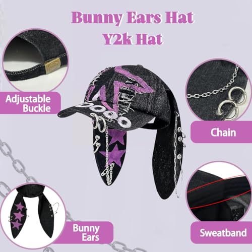 Image of Y2k Hat Punk Hats Denim Bunny Hat Chains Distressed Baseball Cap Kpop Outfits Y2k Grunge Hats for Women