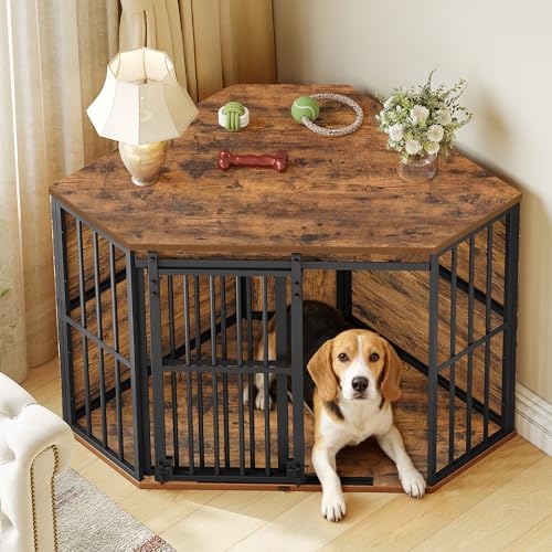 Hzuaneri Corner Dog Crate Furniture with Barn Door Heavy Duty Dog Kennel Indoor Wooden Decorative Pet Cage for Small Medium Dogs Space-Saving TV Stand Anti-Chew Anti-Escape Rustic Brown DFC88901B