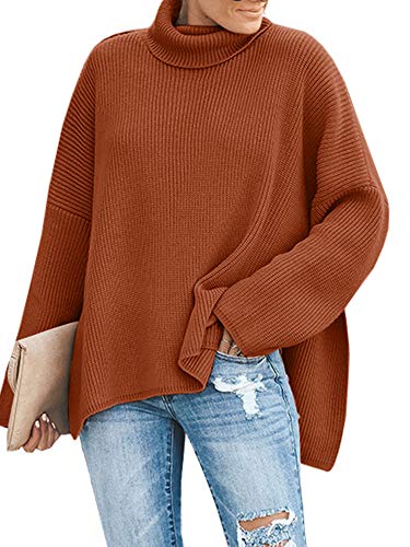 Ybenlow Womens Turtleneck Sweaters Batwing Sleeve Ribbed Loose Side Slit Oversized Pullover Knit Jumper Tops (Small, Brick Red)