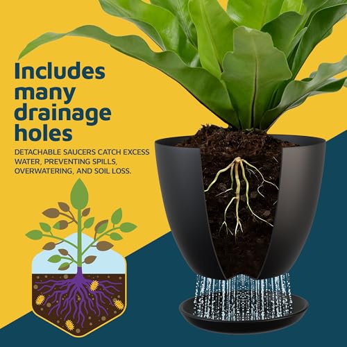 Black Plant Pots with Drainage Holes & Saucers 3 Pack, Indoor & Outdoor Stackable Space-Saving Planters for Houseplants & Flowers, (7", 6.7", and 6" Inches), Durable & Weatherproof Materials by Lifemaster - Image 6