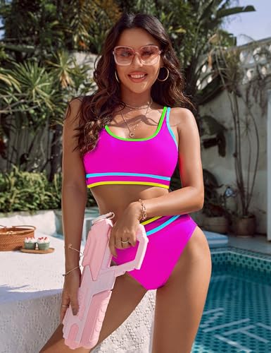 Image of BMJL Women's High Waisted Bikini Sets Sporty Two Piece Swimsuits Color Block Tummy Control Modest Bathing Suit