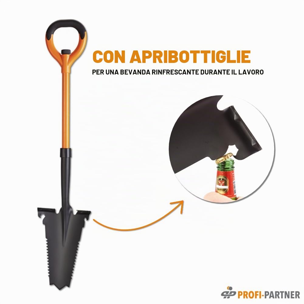Vanga con sega a radice – Punta in acciaio al carbonio con denti affilati, manico in vetro febbre, chiave combinata integrata e apribottiglie, 114 cm, smontabile, arancione e nero