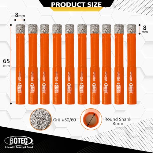 Dry Diamond Drill Bit Set,BGTEC 10pcs 5/16" 8mm Hole Saw for Granite,Marble,Masonry, Concrete, Tile/Ceramic, Glass, Hard Plastic,Vacuum Brazed Diamond Core Drill Bit Kit
