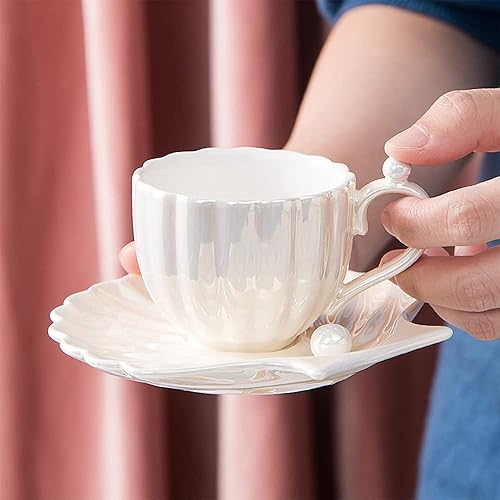 Miniatura 4 de Taza de café de concha de perla de cerámica, exquisita taza de café y platillo para taza de té de la tarde, 8.1 fl oz, regalo de cumpleaños,