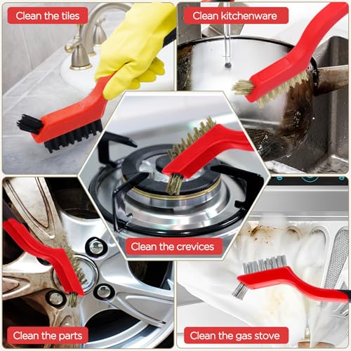 Image of 3 Pcs, Wire Brush Set, 7 Inch, Red | Stainless Steel /Brass /Nylon, Cleaning Rust, Welding Slag Removal, Paint and Dirt Removal, Sturdy And Durable