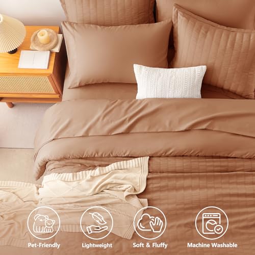 Image of CozyLux Full Size Comforter Sets Pumpkin, 7 Pieces Seersucker Textured Luxury Bed in a Bag, All Seasons Soft Bedding Sets with Down Alternative Comforter, Sheets, Pillowcases & Shams, Bedroom Bed Set