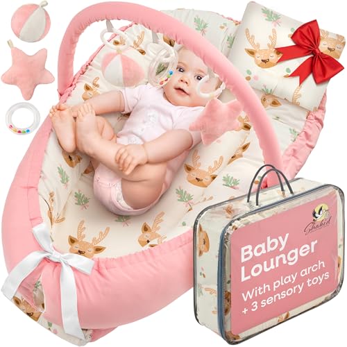 Portable Baby Play Lounger for Supervised Floor Time w/Removable Toy Arch & 3 Toys - Padded Play Area, Breathable Cotton Cover, Travel-Friendly - Awake-Time Only | 0-24 Months (Pink)