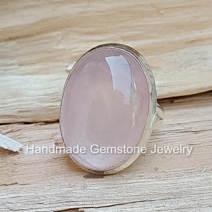 Handmade Natural Rose Quartz Oval Stone Ring - Boho Split Band Self-Love Jewelry, Pale Pink Statement Ring for Women, Valentine's Gift