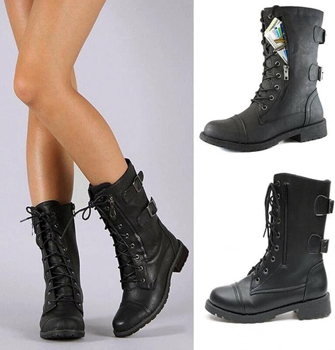 Womens Combat Boots with Side Zipper Built-in Wallet Pocket Fashion Leather 10-Eyes Lace Up Mid Calf Military Boots Non Slip Low Heels Motorcycle Riding Booties Ladies Winter Shoes
