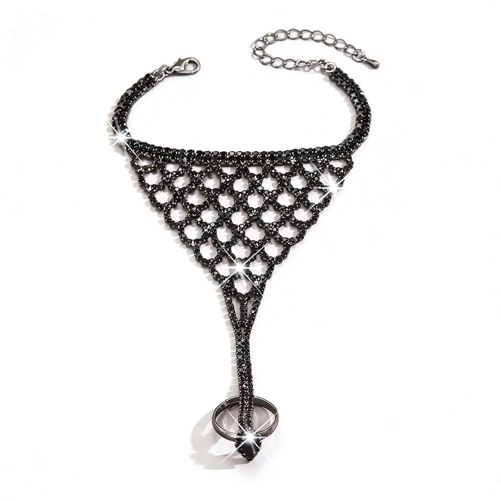 Women Bridal Silver Black Rhinestone Hand Harness Sparkle Crystal Silver Shiny Finger Ring Bracelets Full Hand Link Bracelets Hand Chain Bracelets Accessories for Women Adult