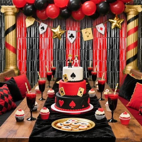 Image of TONIFUL 2Pcs Black and Red Fringe Backdrop Curtain 2026 Graduation Party Metallic Tinsel Foil Fringe Photo Booth Backdrop Door Streamers for Birthday Bachelorette Halloween New Year Party Decorations