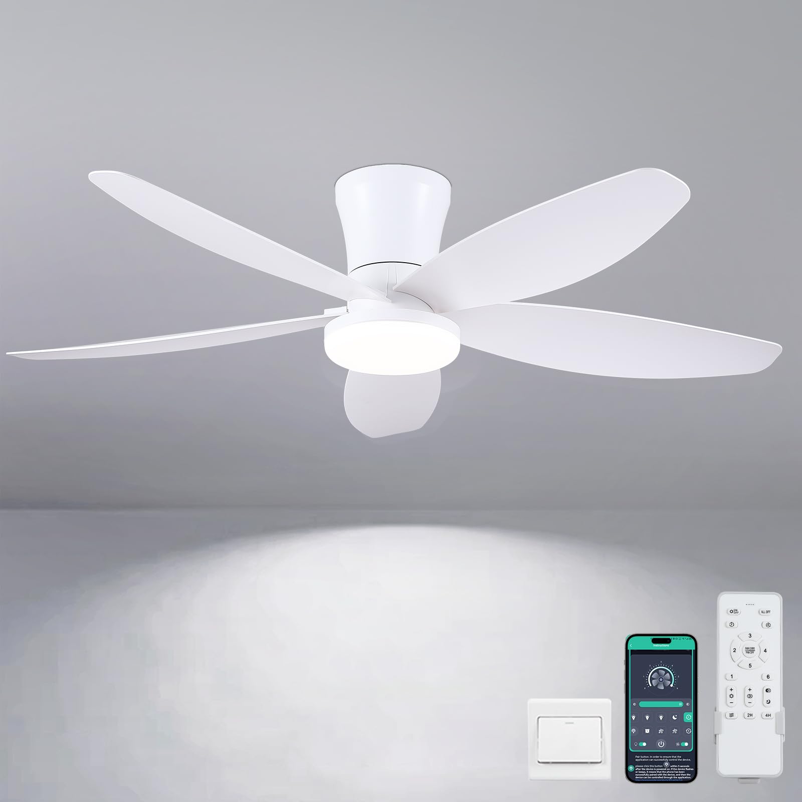 42" Ceiling Fans with Lights-Low Profile Ceiling Fan with Light and Remote/APP Control,Flush Mount,DC Reversible,LED Dimmable Modern Ceiling Fans for Bedroom,Indoor/Outdoor Patio Use(White)