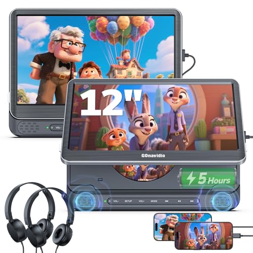 GOnavidio Double lecteur DVD de voiture de 30,5 cm avec entrée HDMI, appuie-tête lecteur DVD pour voiture avec casque, batterie de 5 heures, miroir d'écran...