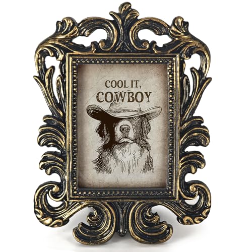 Ebroniah Vintage Western Cowboy Dog Small Picture Frame, Cool Border Collie Mini Ornate Photo Frame for TableTop Desk Decor, Retro Baroque Art Prints Decorations Gifts for Bedroom 1.7x2.5in Photo