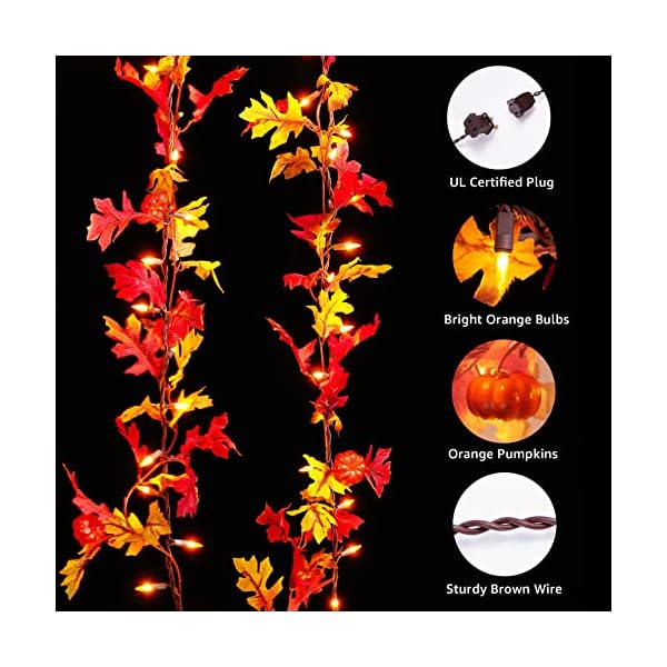 Thanksgiving Decorations Lighted Fall Garland, 35 Orange Bulbs Plug in Maple Leaves String Lights with Pumpkins, Connectable Fall Decor for Home Indoor Outdoor Halloween, Thanksgiving Decorations - Image 3