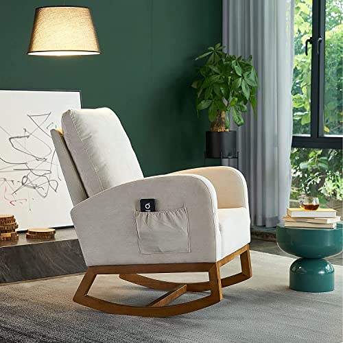 Pannow Upholstered Rocking Chair Mid-Century, Modern Nursery Rocking Armchair, Upholstered Tall Back Accent Glider Rocker With 2-Side Pocket For Bedroom Living Room Lounge #TOP1