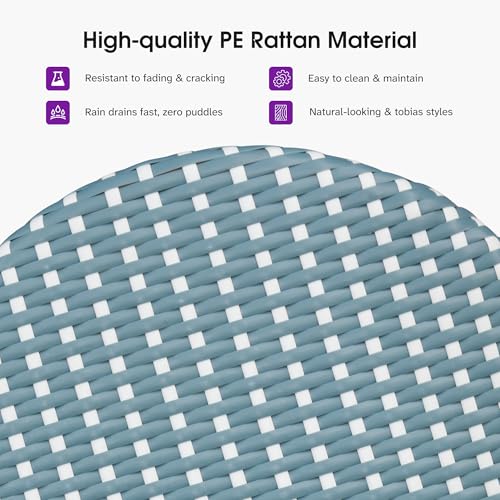 Image of PURPLE LEAF Patio Oversized Backrest Bar Height Stool Set of 1 Outdoor Round Barstools Aluminum Frame in Bamboo Finish Woven Rattan for Indoor Kitchen Dining Bistros Cafe Restaurant Light Blue