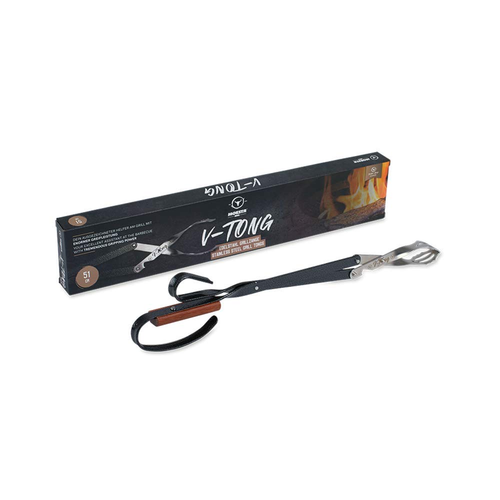 Pinza V-Tong BBQ 51 Cm Moesta – In Acciaio E Legno, Apribottiglie Integrato, Afferra Fino A 2 Kg