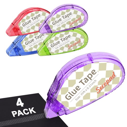 Image of Secopad Scrapbook Tape, 0.3IN x 39FT Double Sided Tape Roller for Crafts, Adhesive Glue Runner Scrapbooking Supplies Journaling School Office Supplies for Kids and Adults, 4 Pack, Bright-Color Shell