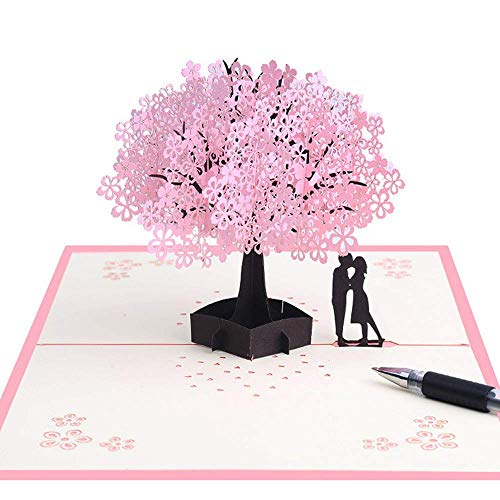 Tarjeta 3D hecha a mano con amantes románticos debajo del árbol de cerezo, tarjeta de felicitación de boda para esposa, marido, novia, madre y novia
