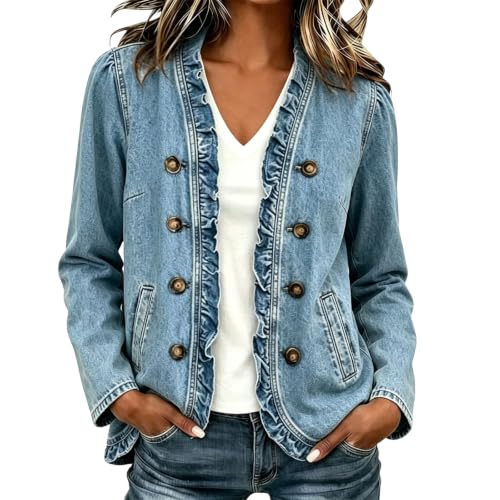 TANGNADE Jean Jacket Women Fall Vintage Open Front Ruffled Denim Jackets - image 9