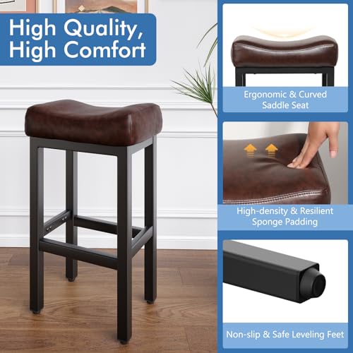 Image of 29 Inch Bar Height Bar Stools Set of 2, 29 inch Barstools for Kitchen Island Counter, Backless Bonded Leather Bar Height Stools with Thick Saddle Seats & Heavy Duty Metal Base, Easy Assembly, Brown /Black