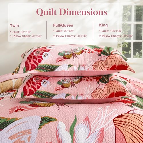 Image of Tyrot 3 Piece Pink Boho Floral Full /Queen Quilt Sets Farmhouse Botanical Reversible Lightweight Bedspread with 2 Shams Butterfly Microfiber Bedding Quilts Set for All Season, 90''x96''