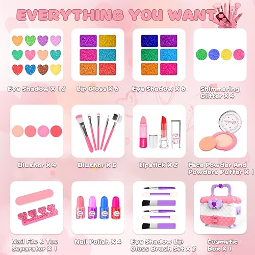 54 Pcs Kids Makeup Kit for Girls, Princess Real Washable Pretend Play Cosmetic Set Toys with Mirror, Non-Toxic & Safe, Birthday Gifts for 3 4 5 6 7 8 9 10+Years Old Girls Kids (Pink White) by Dpai - Image 3