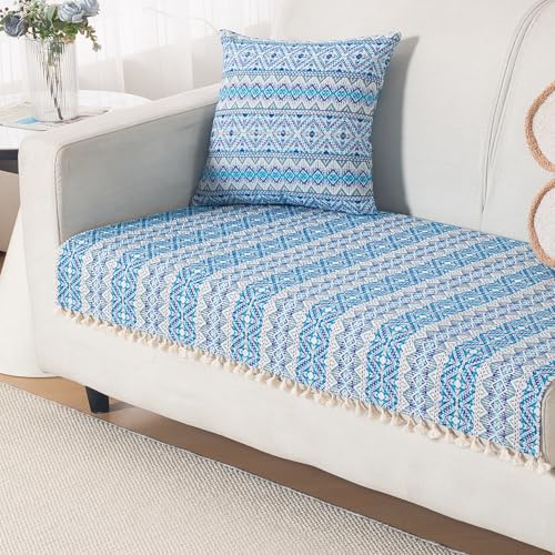 Image of HOKIPO Sofa Cover Mat with Tassel | 300 GSM Cotton Acrylic Jacquard for 2 Seater Sofa,'Trivana Series' Aqua Blue (IN-934-J7*S)