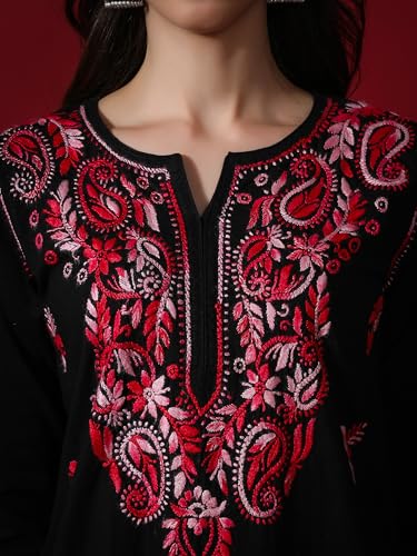 Image of Seva Chikan Hand Embroidered Lucknowi Chikankari Regular Straight Cotton Kurta Kurti for Women SCL4243