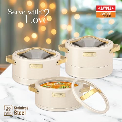 Image of JAYPEE Luxura Klass Set Inner Steel Serving Painted Casserole Set Of 3 Toughened Glass Lid Advanced PU Insulated 100% Food Grade Lockable Hot Box Easy To Keep Roti,Pulao & More|1500,2000,2500 Ml,Ivory