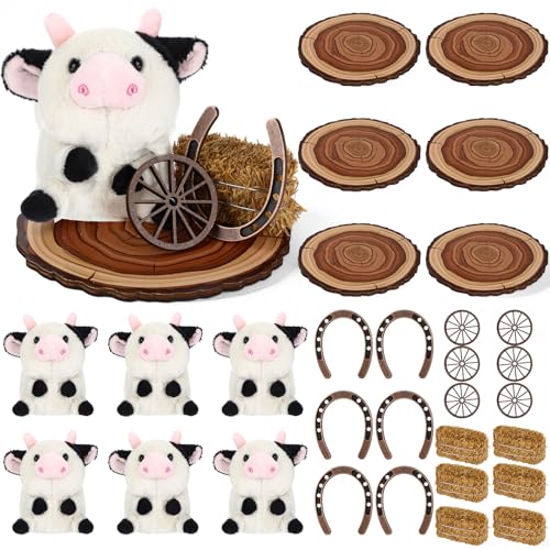 Tasdurian 6 set Western Themed Party Decorations Cowboy Table Centerpieces Cow Plush Hay Bales Lucky Horseshoe Wooden Wagon Wheel Decor for Crafts Western Cowboy Party Birthday Wedding Favors Supplies