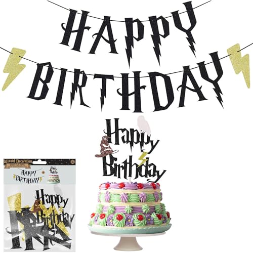 Original Cup® - Fanion + Décoration de Gâteau pour Anniversaire à Thème Sorcier - Grande Banderole Happy Birthday avec accessoires à poser sur le Gateau...