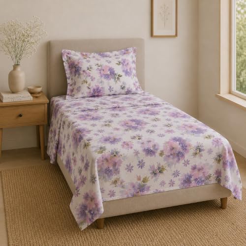 Image of Linen Home Cotton Percale Flat Bedsheet Set Single Size Floral Purple