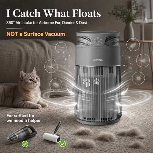 Image of WISESKY Cat Air Purifier with Bite-Resistant Cord & Wide Grille and Tip-Over Protection | Air Purifier for Home with 360 Air Intake for Pet Hair | APP Control | Covers Up to 1644 Sq.Ft