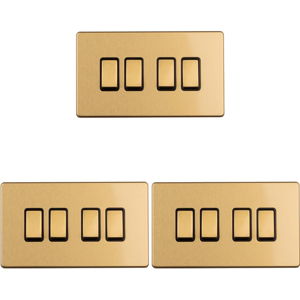 Vierfach-Lichtschalter, schraubenlos, satiniertes Messing, 2-Wege, 10 A, schmaler Kippschalter, dekorative Küche, Wohnzimmer, Schlafzimmer, 3 Stück