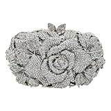 DEBIMY Rose Flower Crystal Purses Sparkly Rhinestone Evening Clutch for Women Wedding Party Cocktail Handbags Silver