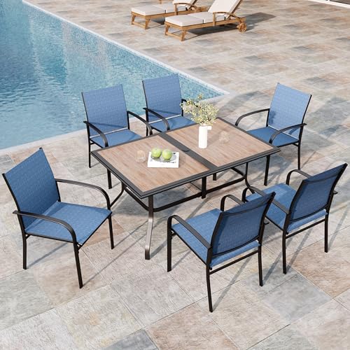 Image of MIXPATIO 7 Pieces Patio Table and Chairs Set, Outdoor Dining Furniture Set for 6, 6 Blue Textilene Chairs and 61 inch Wood-Like Table Top with Umbrella Hole, for Deck Backyard Lawn